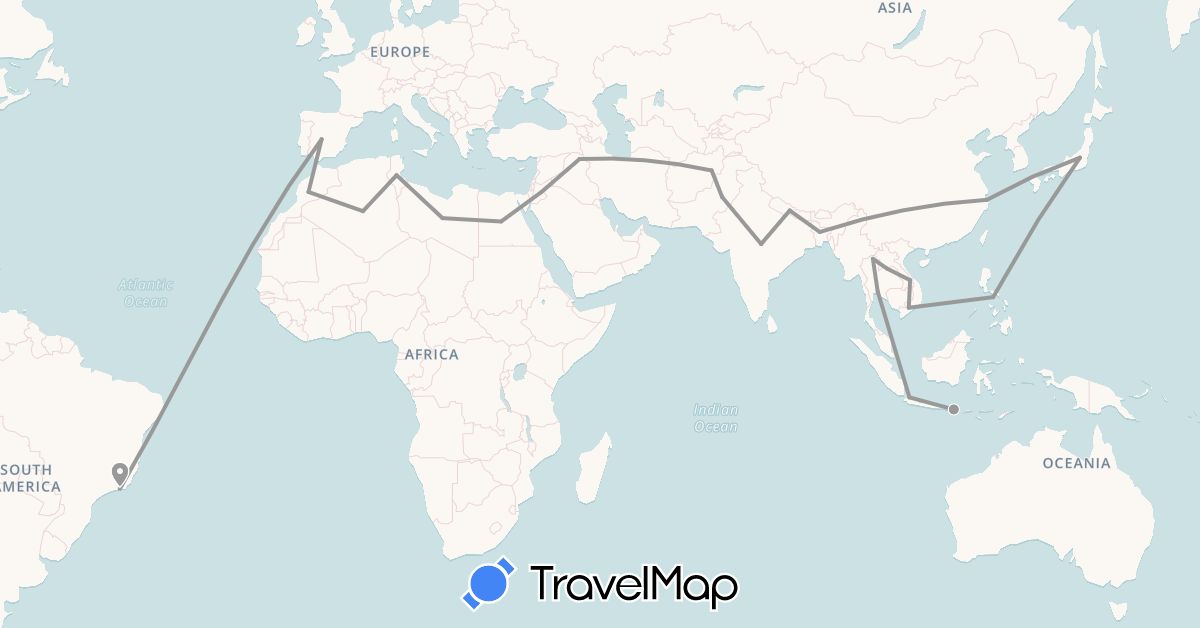 TravelMap itinerary: driving, plane in Afghanistan, Bangladesh, Brazil, China, Algeria, Egypt, Spain, Indonesia, India, Iraq, Jordan, Japan, Laos, Libya, Morocco, Nepal, Philippines, Pakistan, Thailand, Tunisia, Vietnam (Africa, Asia, Europe, South America)